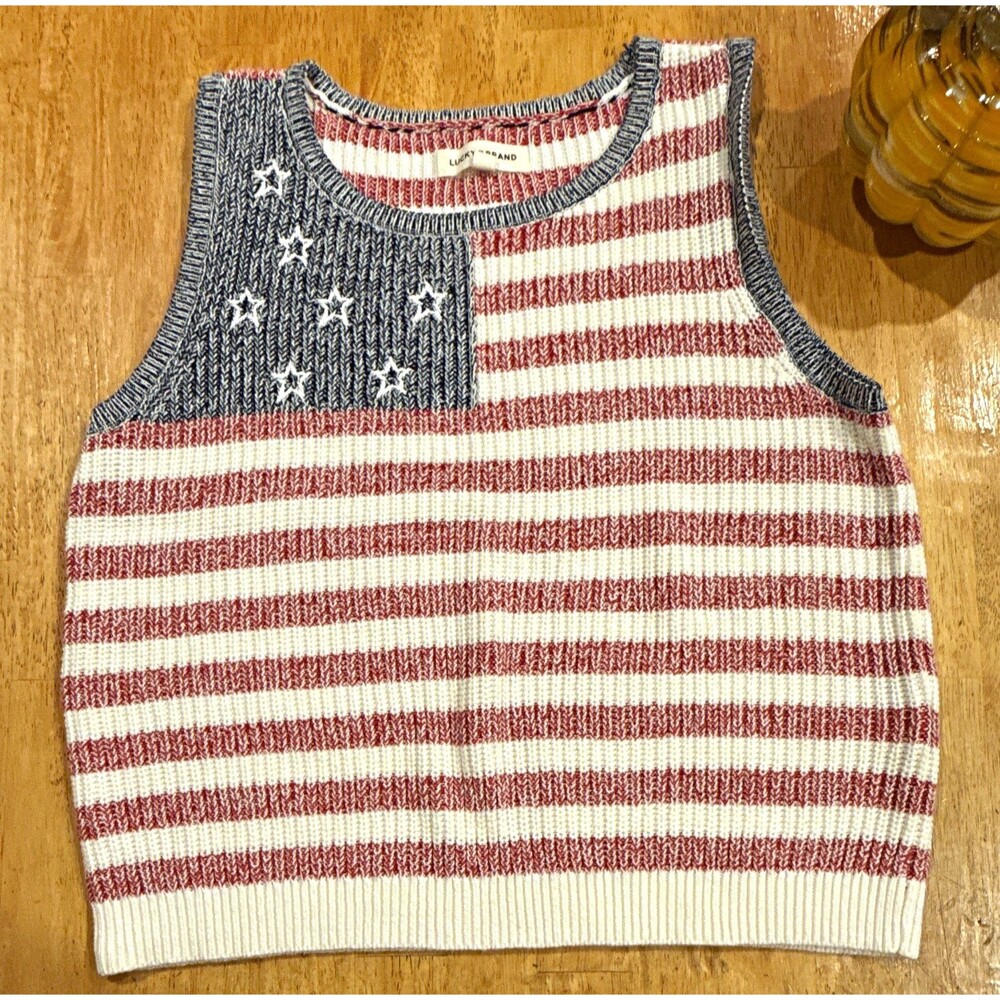 Lucky Brand Women's Knit Sweater Vest L Patriotic Flag Round Neck Sleeveless